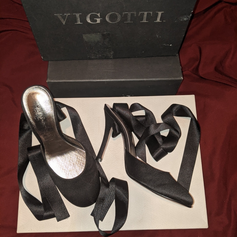 Viggoto Black Stilettos w/ Satin Straps